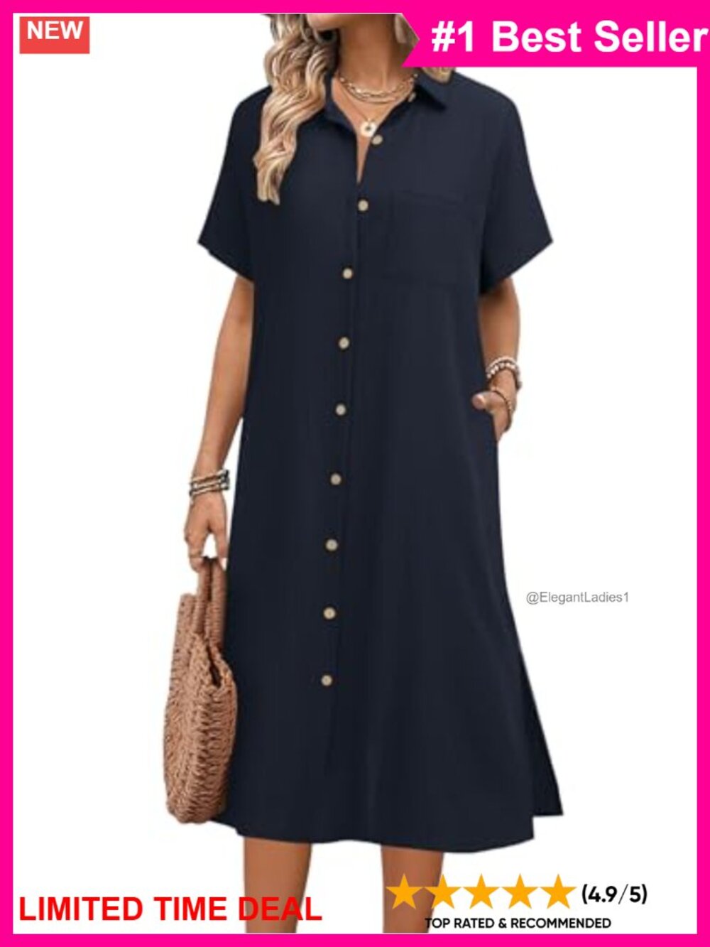 Linen Blend Collared Button Down Short Sleeve Midi Shirt Dress with Pockets